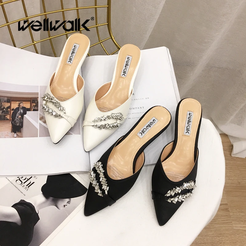 

Luxury Slippers Women Small Heel Slides Fashion Plume Design Mules Shoes Rivets Slippers Pointed Toe Shoes Dress Female