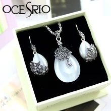 OCESRIO Elegante Del Ojo de Gato Collar de Joyas de Cristal con Caja de Regalo de Cadena Pendiente de Plata Pendientes de Gota para Las Mujeres Regalos gfs-a06