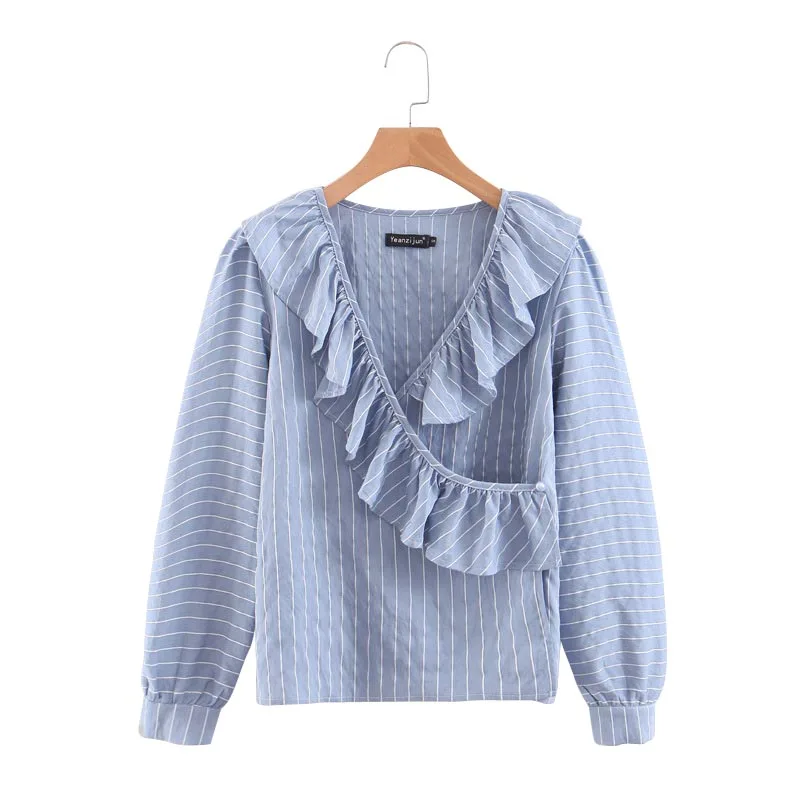

CS622 European V Neck Ruffles Deco Long Sleeve Striped Print Shirt Korean Chic Match All Blouses Tops
