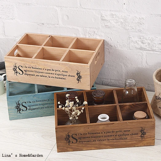 Six Equal Compartments Vintage Style Small Wooden Crates