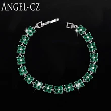 ANGELCZ роскошный бренд ювелирных изделий четырехлистный дизайн проложить зеленый фианит кристалл белого золота цвет браслет с клевером для женщин AB070