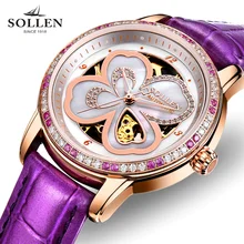 Orologio Donna Luxury Brand SOLLEN Skeleton Women Watch Lucky Clover Girl Automatic Mechanical Ladies Dress Watches Rose Gold