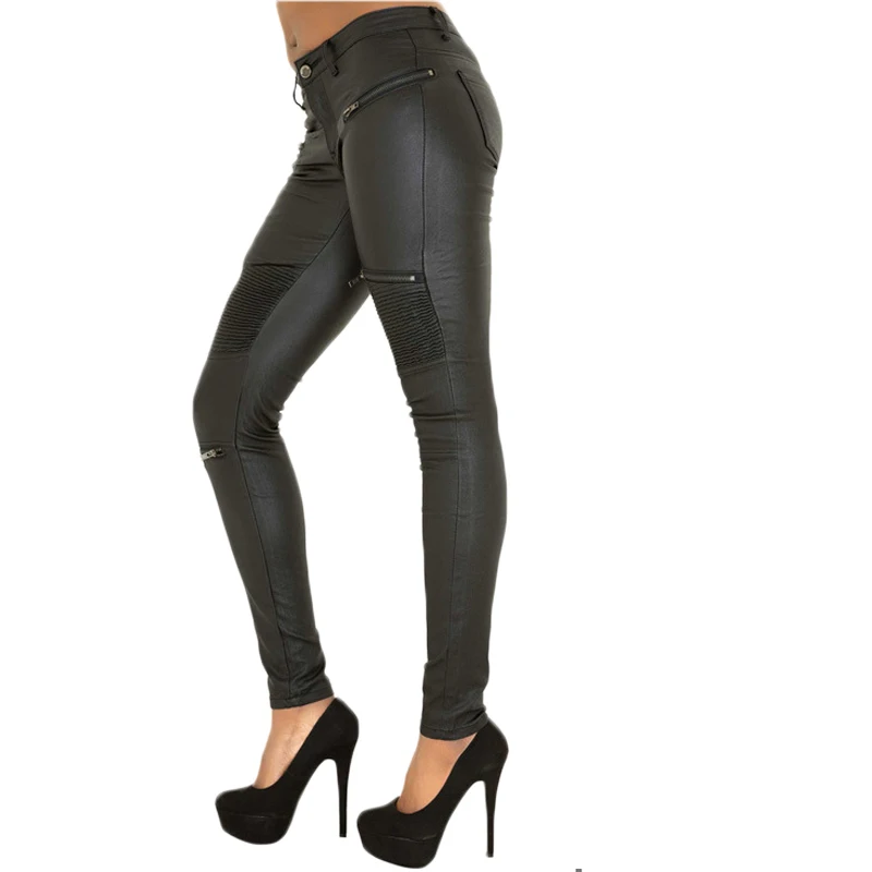 Модные женские обтягивающие кожаные джинсы черного цвета в байкерском стиле размера плюс, XS-3XL, плиссированные брюки-карандаш с фальш-молниями