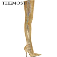 Женские сапоги выше колена цвета металлик, золотистый, серебристый модные пикантные женские высокие сапоги на очень высоком каблуке с острым носком; сезон осень-зима