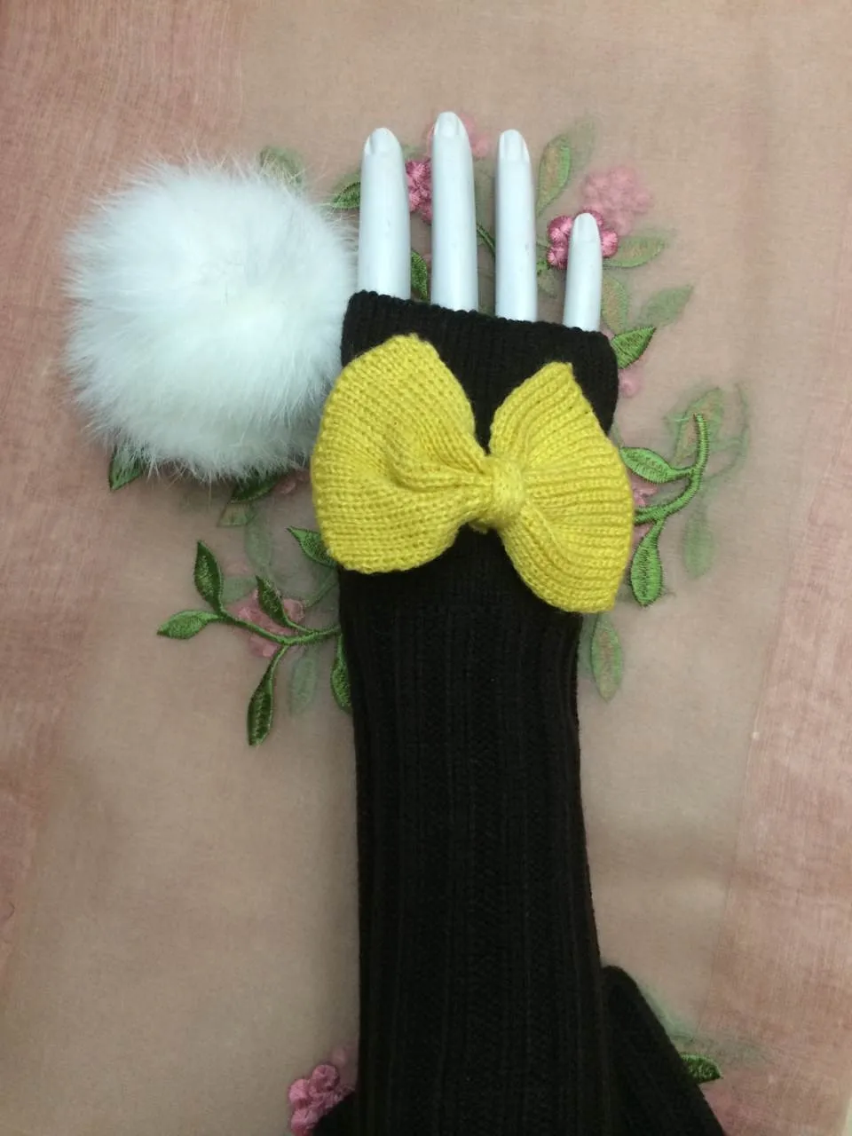 Модные зимние женские перчатки с бантом на запястье, теплые длинные перчатки без пальцев, вязаная рукавица - Цвет: Серый