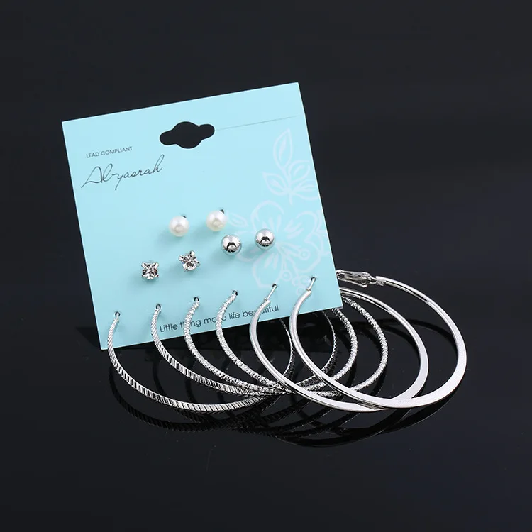 

cheap earrings 6 pairs a set Big Circle Hoop Earrings pearl bead stud for Women