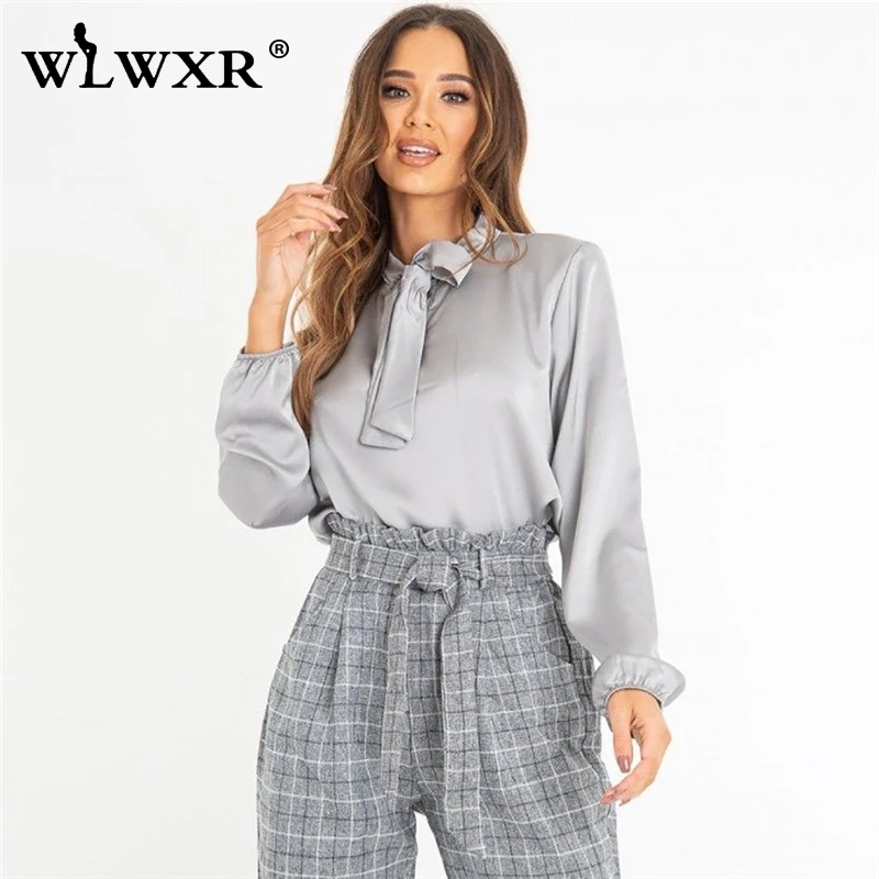WLWXR офисные атласные шифоновые длинные Bluose женские рубашки Blusas топы с галстуком