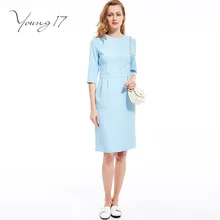 Young17 Women Pencil Dress 2016 Autumn 3/4 sleeve Knee Length elegant Light Blue femme Work Wear Dress lady Office Dress empire