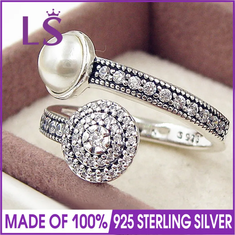 

LS High Quality 100% Real 925 Silver Luminous Glow Ring, White Crystal Pearl and Clear CZ Fashion Ring 100% Fine Jewelry H