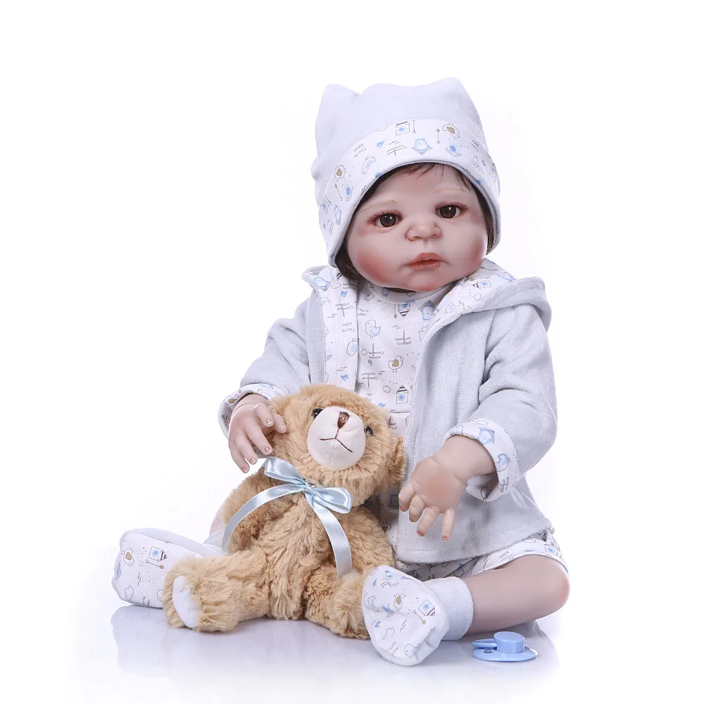 

Nicery 22inch 55cm Bebe Reborn Doll Hard Silicone Boy Girl Toy Reborn Baby Doll Gift for Child Brown Bear White Coat Baby Doll