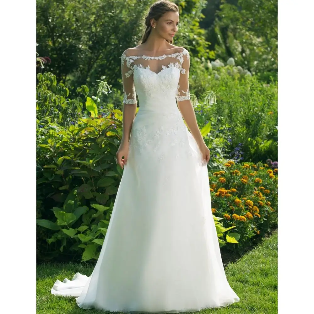 

New Arrival Wedding Dress Half Sleeve Off The Shoulder Sheer Boat Neck A Line Floor Length Country Garden Formal Bridal Gowns