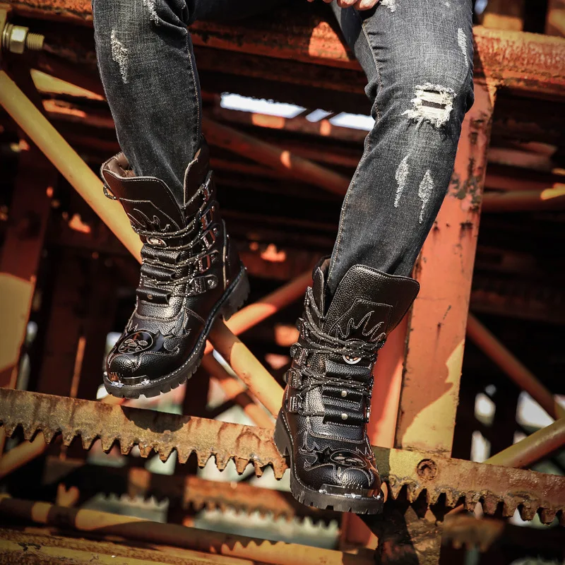  Army Boots Men Military Boots 2019 Leather Winter Black cowboy snow Metal Gothic Punk Boots Male Sh