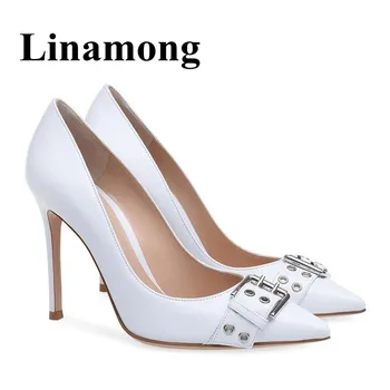 

White Pointed Toe Thin High Heel Buckle Desgin Simple Fashion Spring And Summer Sexy Shoes PU Solid Hottest Women Shallow Pumps
