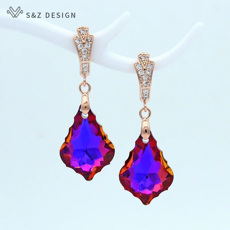 S&Z DESIGN New Fashion Imitation Crystal Water Drop Dangle Earrings For Women Wedding Party Gift 585 Rose Gold Color Eardrop
