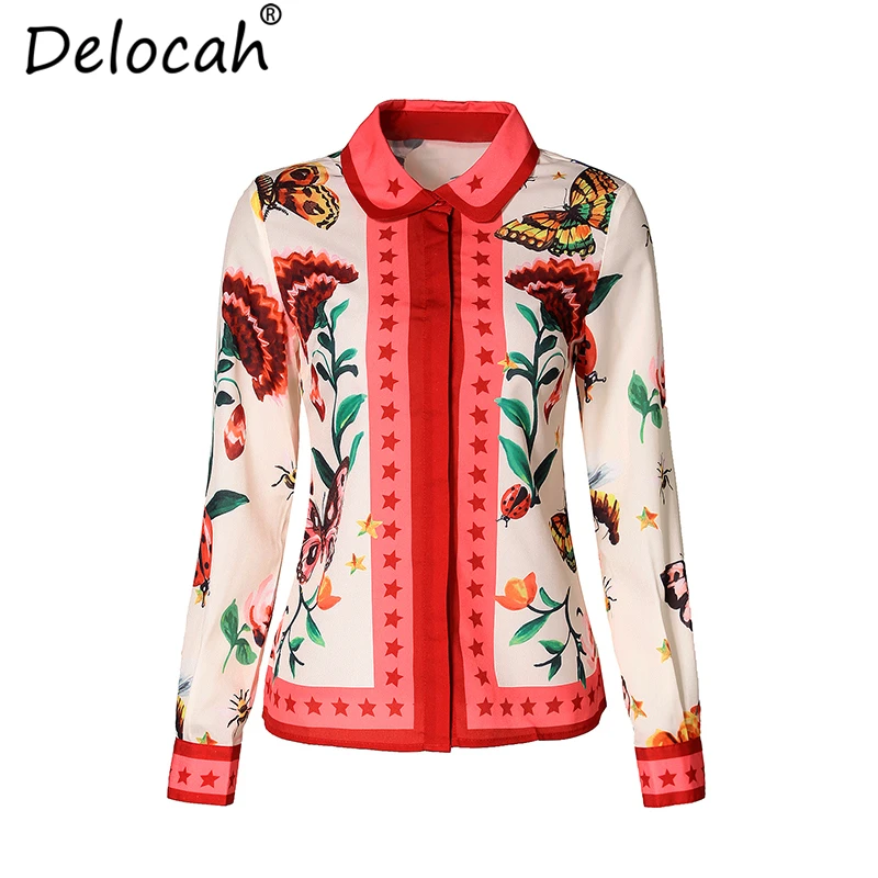 

Delocah Summer Women Blouses Elegant Bow Collar Long Sleeve Shirt Fashion Tops Casual Printed Blouse Female 3XL plus size