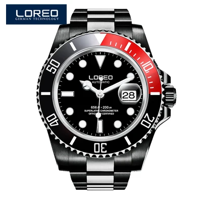 Лучшие продажи бренд LOREO роскошный Дайвинг 200 м Механические Часы повседневные вращающийся ободок автоматические часы мужские подарок мужские часы - Цвет: Stainless steel 10