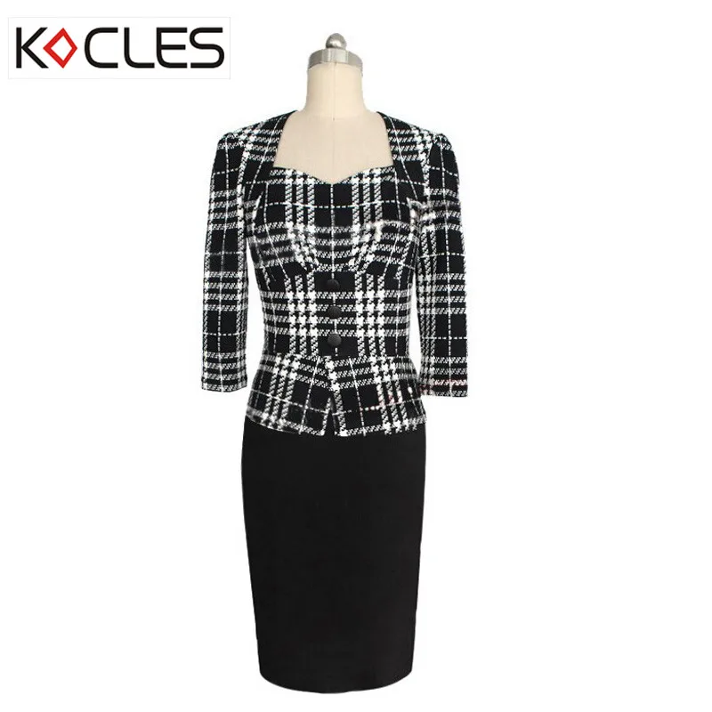 2016 Winter Women Fashion Business font b Tartan b font Elegant Work Full Sleeve Sqare Neck