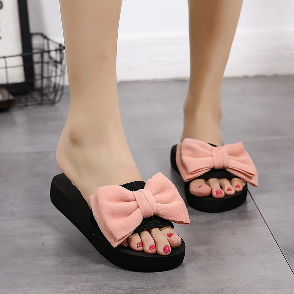 Summer Women Shoes Platform bath slippers Wedge Beach Flip Flops High Heel Slippers For Girl Ladies Bow-knot Shoes#P