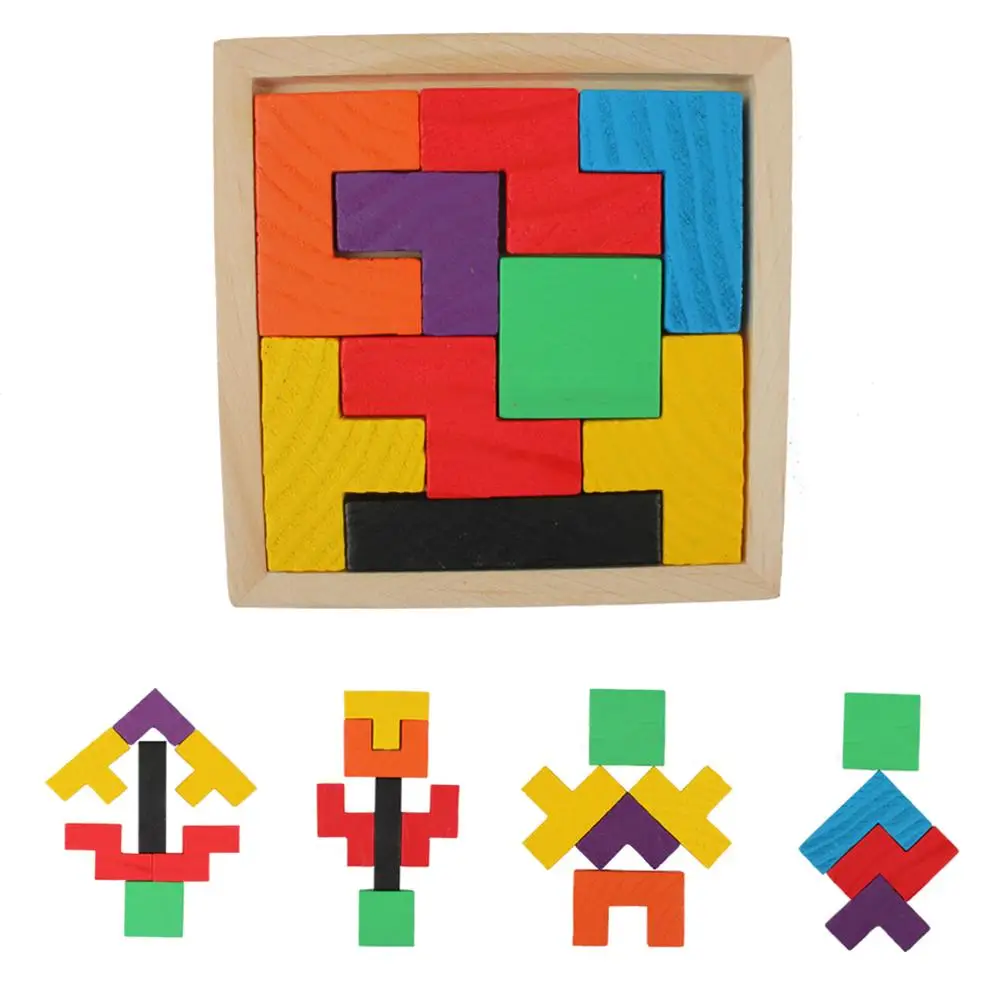 1Set Holz Tangram Gehirn Teaser Geometrie Tetris Puzzle Block Kinder Spielzeug 