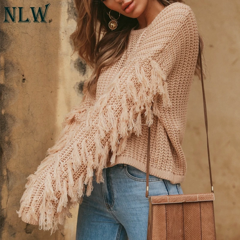NLW осенний Однотонный свитер с длинными рукавами и круглым вырезом, розовый толстый свитер, пуловер, повседневные короткие Джемперы, Sueter Mujer