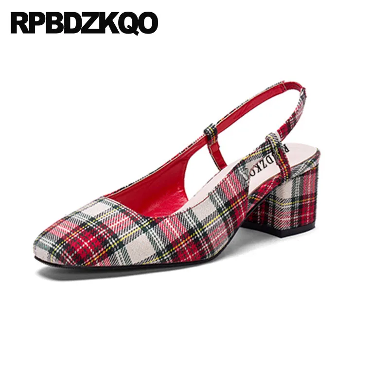 

Retro Thick Summer Block Heels Slingback Medium Shoes Sandals Size 4 34 Multi Colored Denim Elegant Women Vintage Square Toe