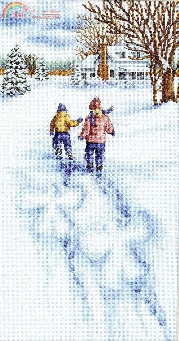 cs-2164 Cross Stitch Kit Snow Angels Two Kids Skating Skate Play on Snow Winter Go Home dim 13717