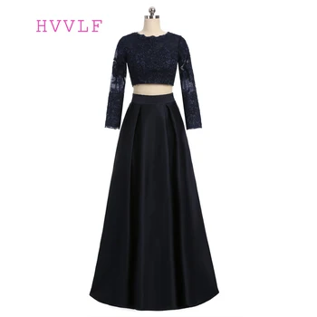

Two Pieces 2019 A-line Long Sleeves Black Satin Lace See Through Elegant Long Evening Dresses Evening Gown Prom Dresses Gown