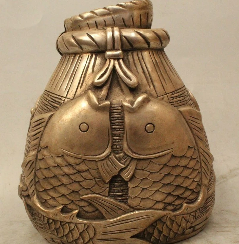 

7" China Siver Fish Barracuda Two cyprinoid Flower Basket Pot Jar Crock Vase