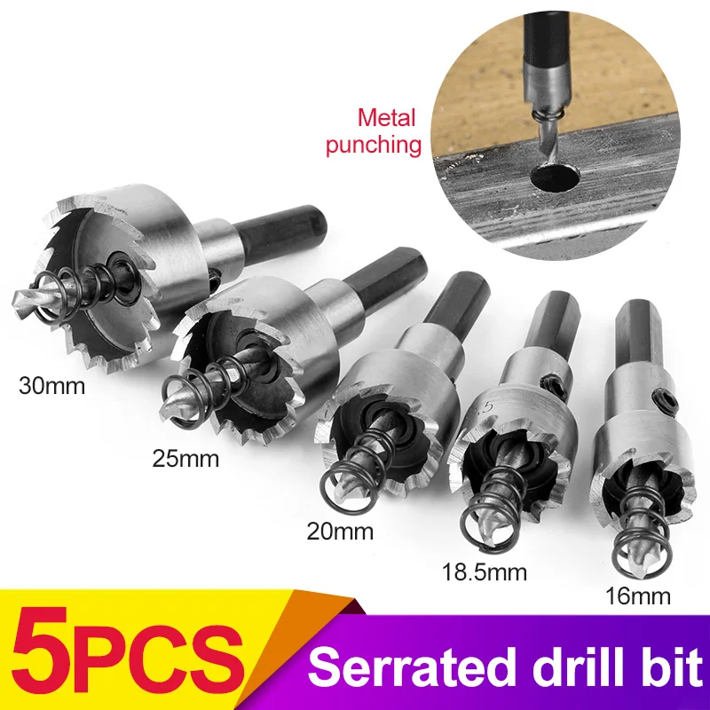 5pcs High Speed Steel Core Drill Bit with L-type Wrench Woodworking Serrated Drill Bit 16/18.5/20/25/30mm Hole Saw Set 