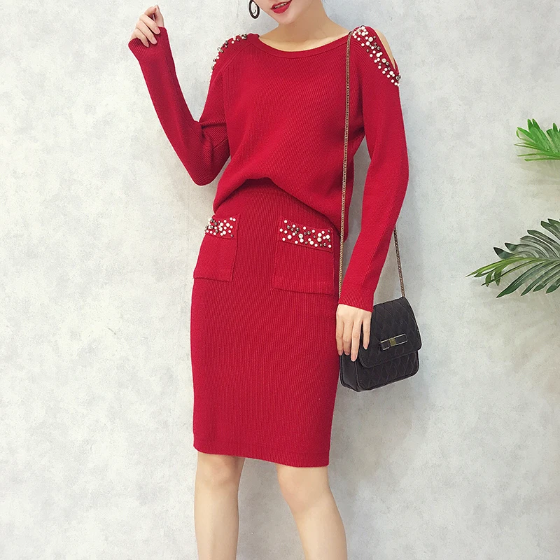 

Amolapha Women Peals Sweater Tops Skirt Suits Long Sleeve Off Shoulder Pullovers Elegant Woman Knitted Jumpers Skirts Set