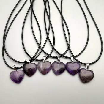 

Fashion natural stone 20MM 12pcs Amethysts Heart 45CM Leather Chain Necklaces & Pendant For Jewelry Woman Lover Gifts wholesale