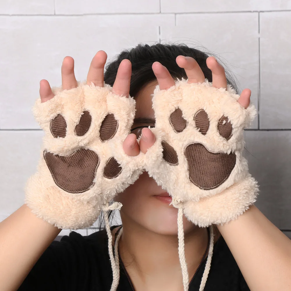 Новинка, 1 пара зимних теплых перчаток, женские перчатки без пальцев, пушистый медведь, кошка, плюшевая лапа, половина пальцев, косплей