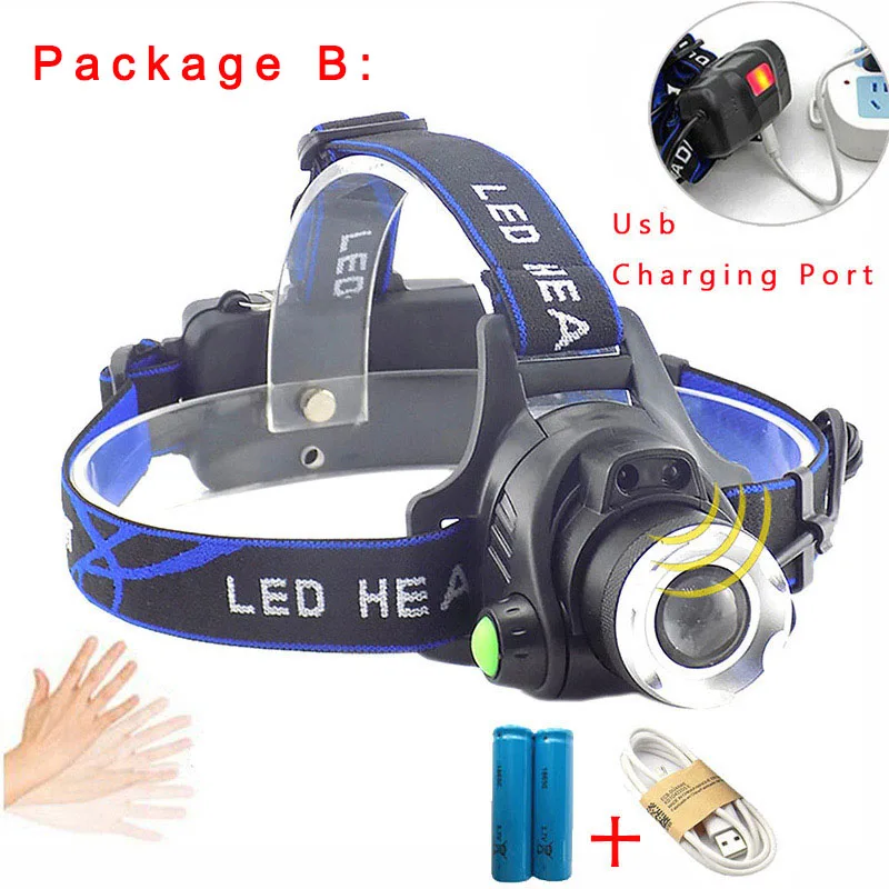 Высокомощный USB датчик T6 L2 светодиодный налобный фонарь, фонарик hoofdlamp 18650 головной фонарь, фонарь для рыбалки, кемпинга, верховой езды - Испускаемый цвет: Option B
