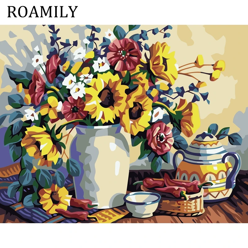 ROAMILY,Painting By Numbers,Yellow Flowers,Hand Painted DIY Oil