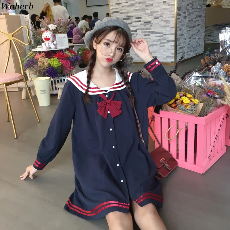 

Woherb 2019 Harajuku Japanese Long Sleeve Shirt Dress Women Bow Bandage Single-breasted Loose Kawaii Dresses Robe Femme 21662