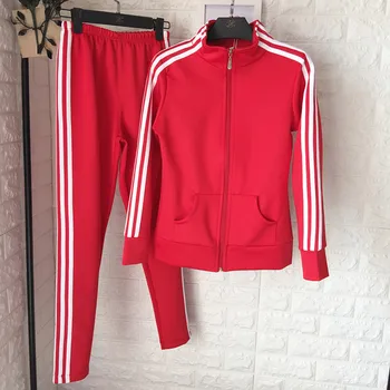 

2018 Top Fashion Polyester Full Zipper Autumn Large Size Casual Suit Female New Striped Sweater + Trousers Two Sets Of