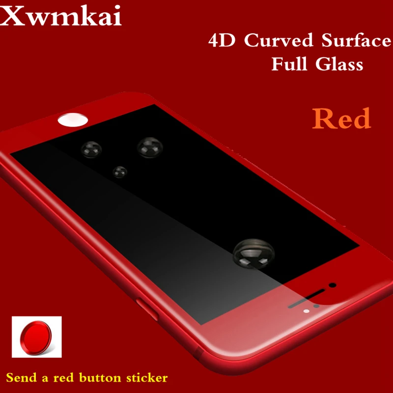 Xwmkai Red 4D Full Coverage Screen Protector Tempered Glass For Iphone 6S 7 8 Plus 9H