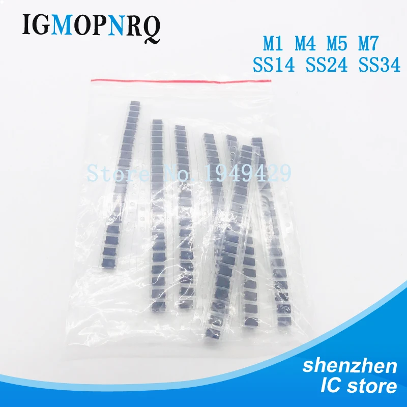 

7 kinds*10pcs=70pcs/lot SMD diode package / M1 (1N4001) / M4 (1N4004) / M7 (1N4007)/ M5 (1N4005) SS14 SS24 SS34 (1N5822) KIT