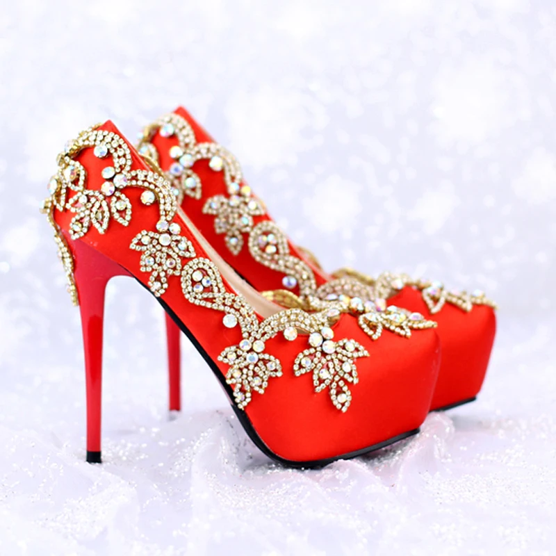 Luxurious Rhinestone Bridal Shoes Special Crystal Red Satin Wedding