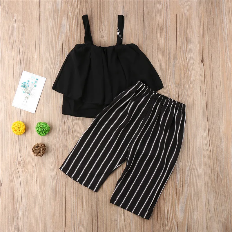 

2PCS Summer Casual Toddlers Set Girl Outfits Chiffon Shirt Crop Top+Loose Striped Pants Kids Clothing