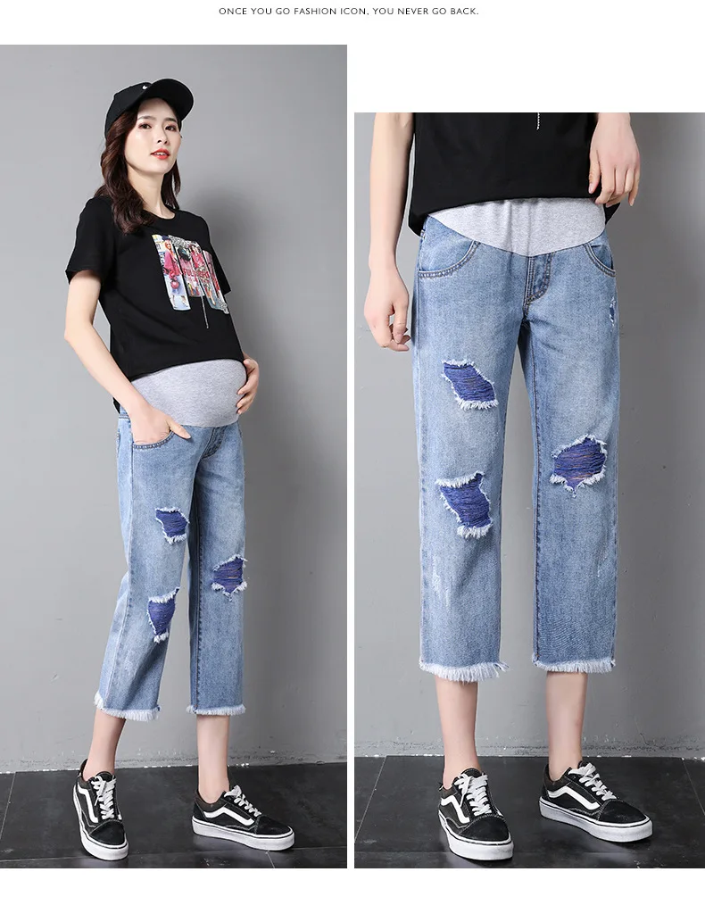 Calças de Algodão Verão Finas Mulheres Grávidas Calças Jeans Maternidade Buraco Moda Hight Cintura Gravidez Roupas Tamanho Grande 19 Mamãe e Bebê