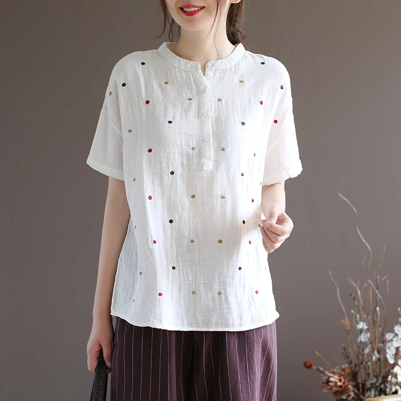 

2019 new summer women double layer cotton shirt female short sleeve stand collar button pullover polka dot white tops