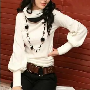 

Women Top T -Shirts New Arrive Fashion Korean Style Spring Autumn Lantern Sleeve Turtleneck Two -Color Collar T -Shirt 4930
