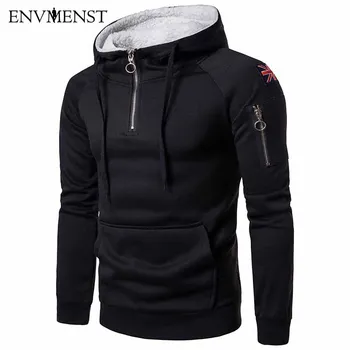 

Envmenst 2018 Spring Autumn Men Zipper Collar Plus Velvet Hoodies Patch Designs Big Pocket Causal Pullovers