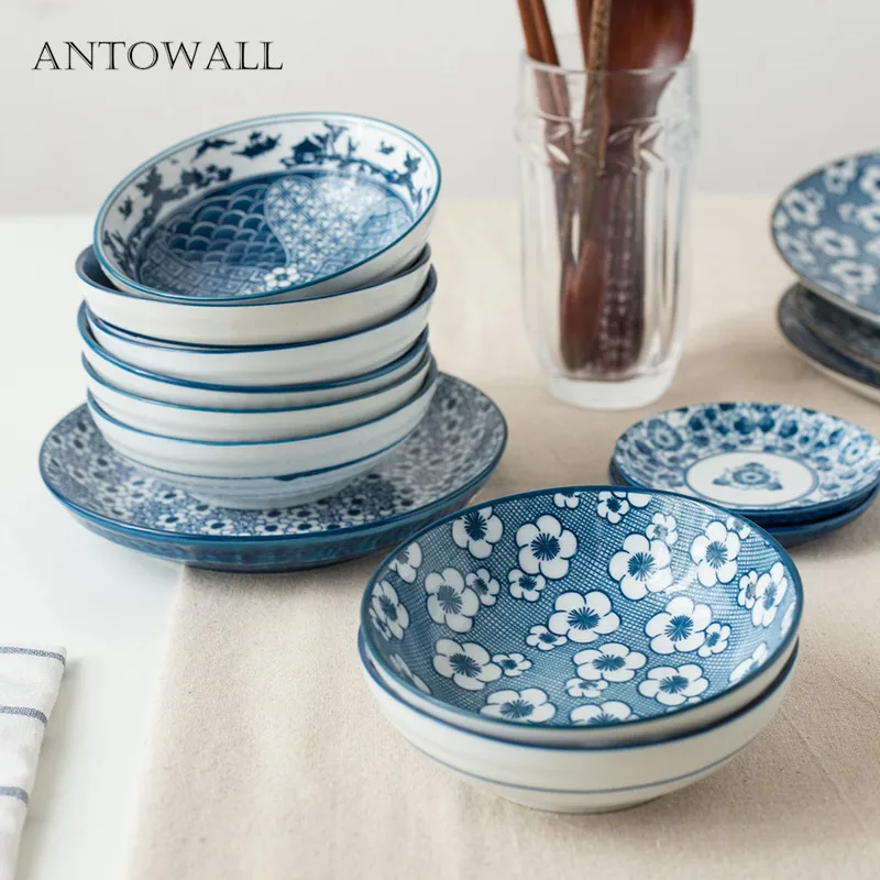 

ANTOWALL Japanese handmade round ceramic rice/soup/noodle bowl,Blue pattern designed ceramic tableware