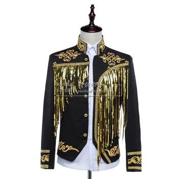 

New Men palace prince clothes sequins embroidered garments jacket tassel singer stage costume drama palace formal dress Blazers