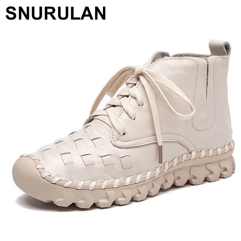 

SNURULAN Women's Boots Genuine Leather Short Plush Warm Winter Ladies Shoes Ankle Boots For Women Lace Up Woman Boot