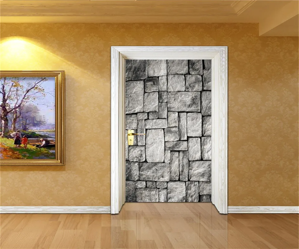 Водонепроницаемый 3D имитация серый камень двери наклейки самоклеющиеся наклейка для деревянный Сталь дверь украшения Спальня домашнего декора фрески