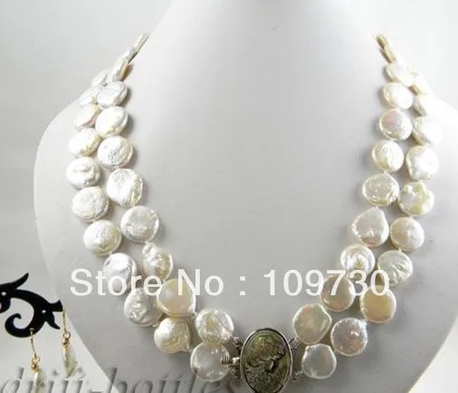 

Jewelry 00474 2strands 20''14mm white coin freshwater pearl earring necklace Set