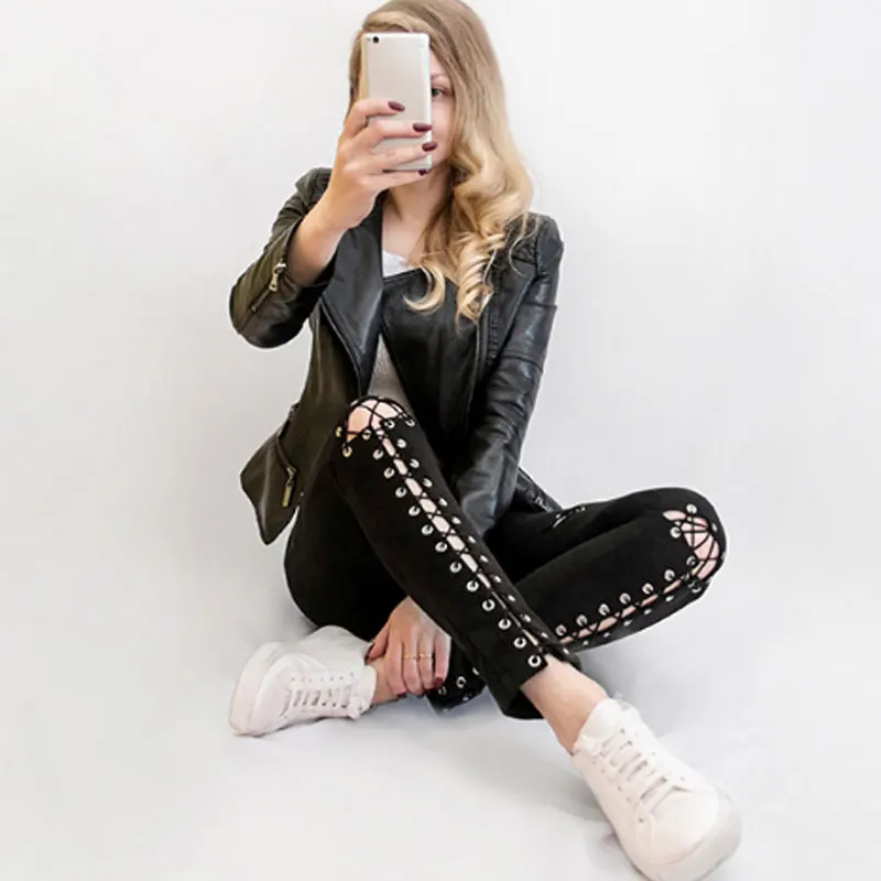 

2019 Sexy Fashion Women Hollow Out Cross Bandage Pencil Pants Sexy Lace Up Hole Tight Ripped Faux Suede Pants Pantalon Femme